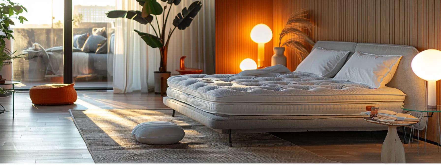 a modern bedroom setup featuring a visually appealing array of specialty mattresses designed for various sleep needs, illuminated by soft indoor lighting to enhance the focus on their unique features and benefits.