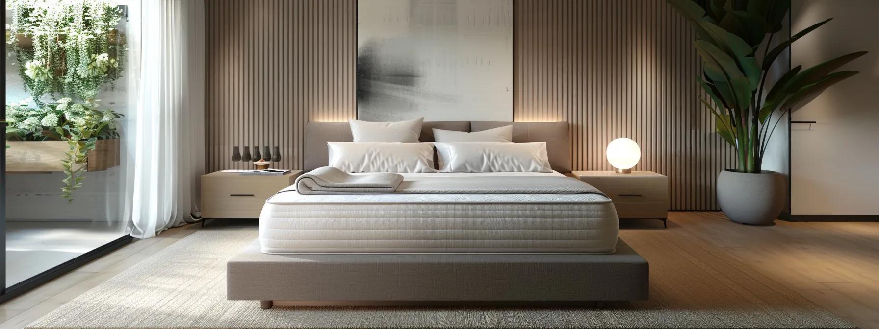 a sleek, modern bedroom showcases a neatly made bed with a variety of mattresses displayed prominently around it—memory foam, innerspring, hybrid, and latex—each expertly labeled to highlight their distinctive features against a minimalist, contemporary backdrop.